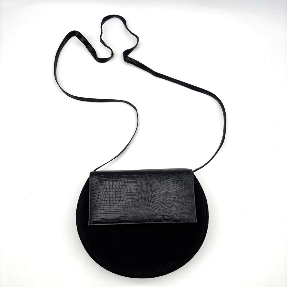 Vintage 70s Black Genuine Suede Faux Lizard Flap Structured Crossbody Purse 9x7"